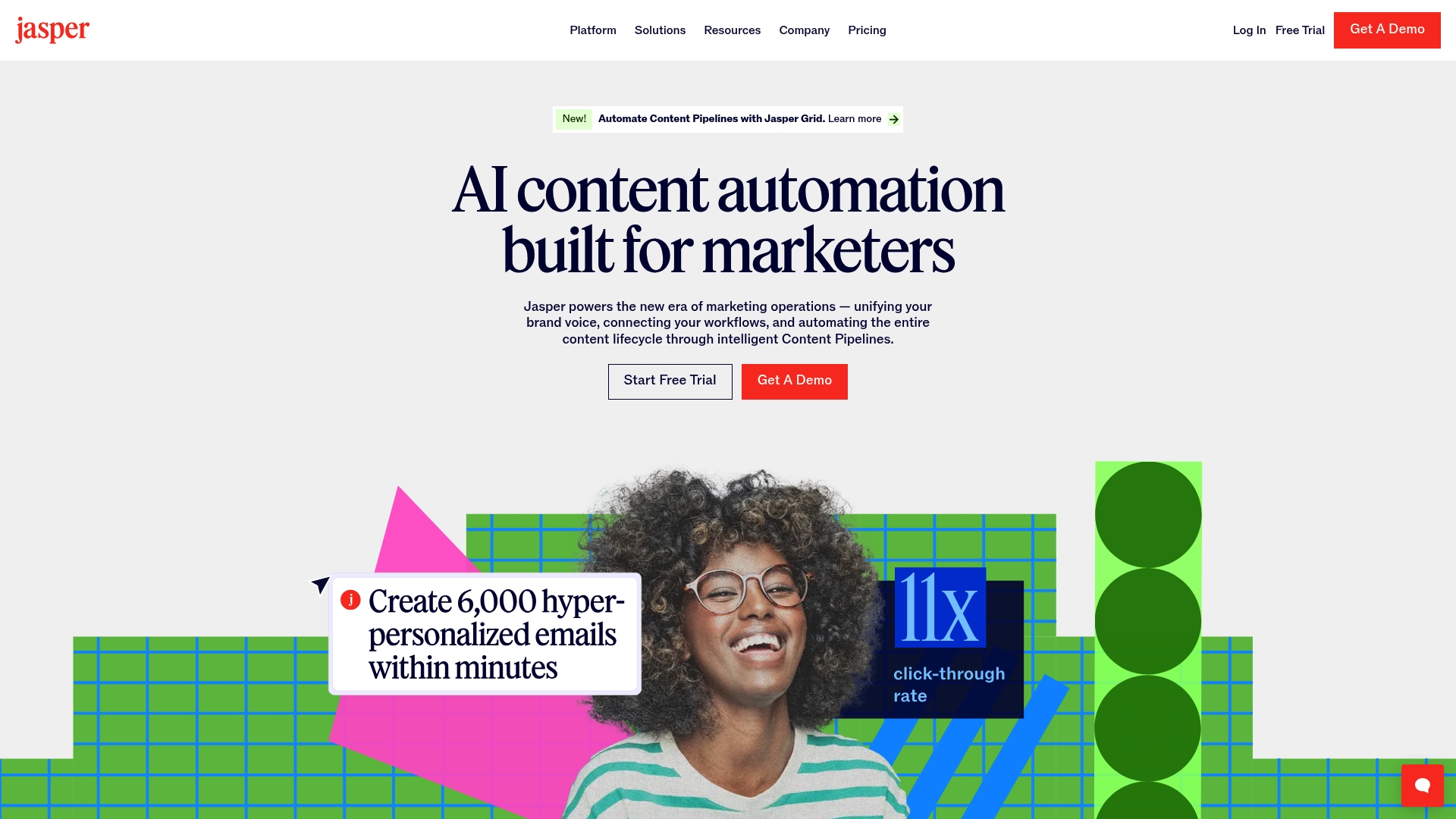 A screenshot of the Jasper AI landing page, highlighting its focus on AI content creation for business.
