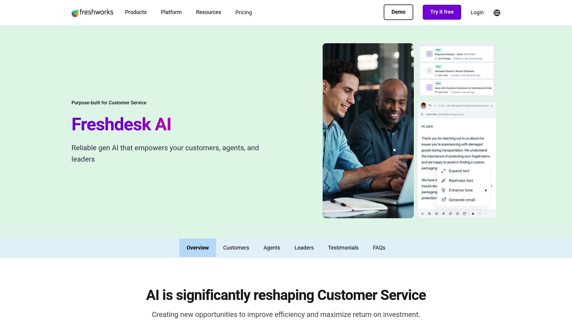 A screenshot of the Freshdesk landing page, which features its customer service software and Freddy AI.