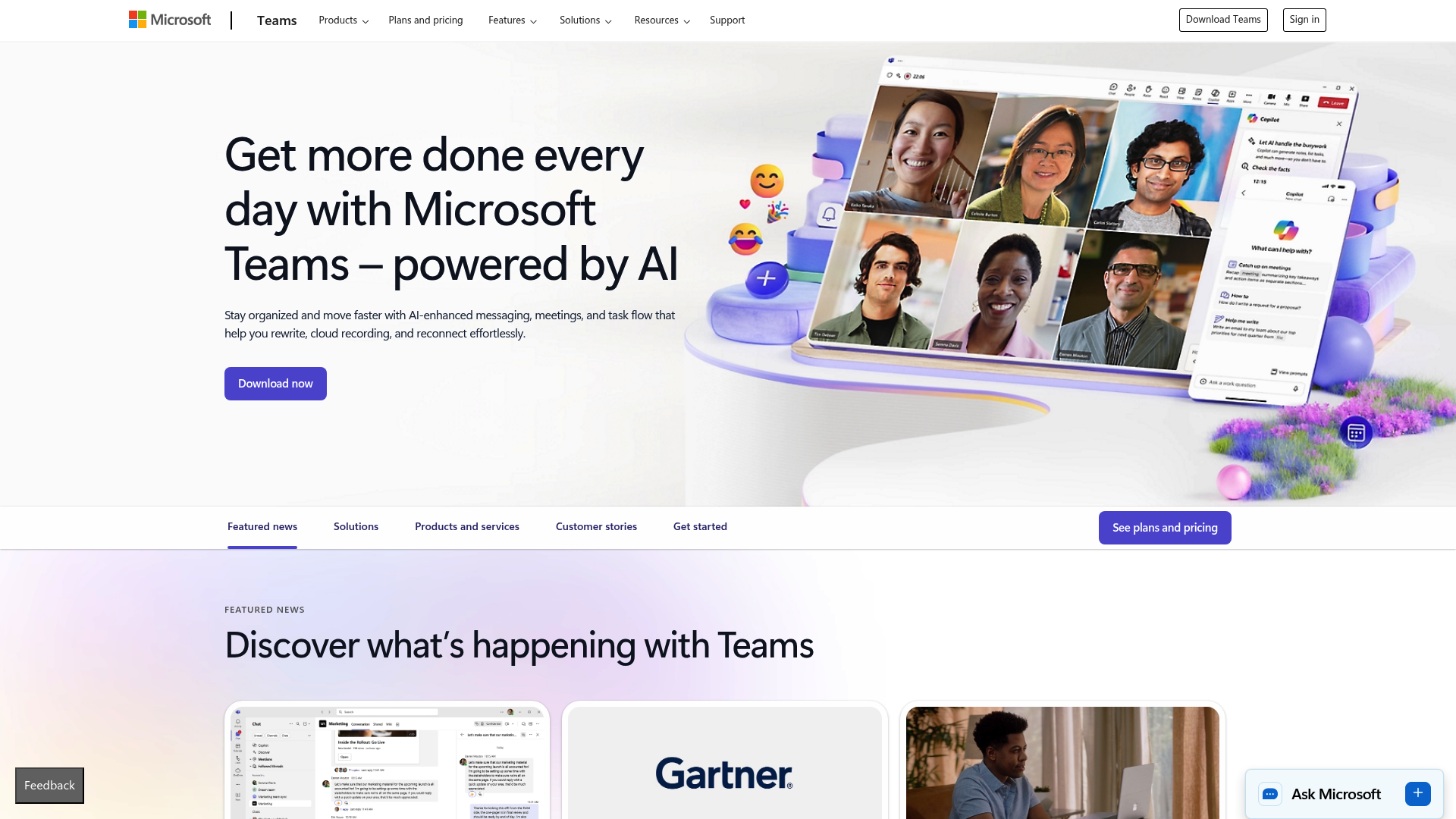A screenshot of the Microsoft Teams homepage, the default integration option for Outlook for Teams.