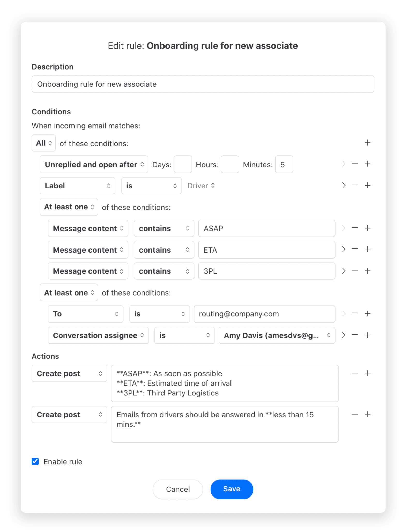 Edit Onboarding rule for new associate in Missive