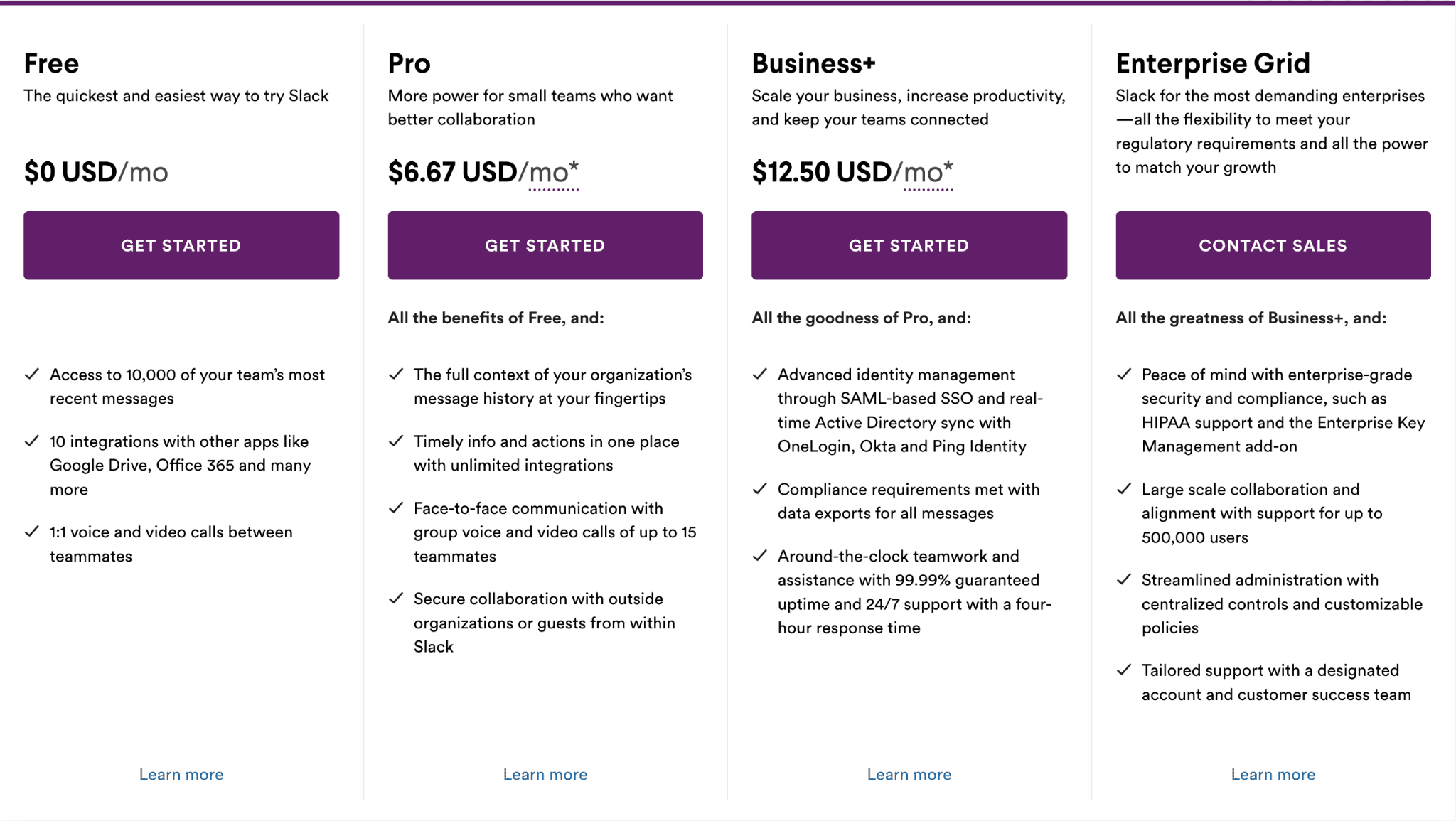 Pricing for Slack app.