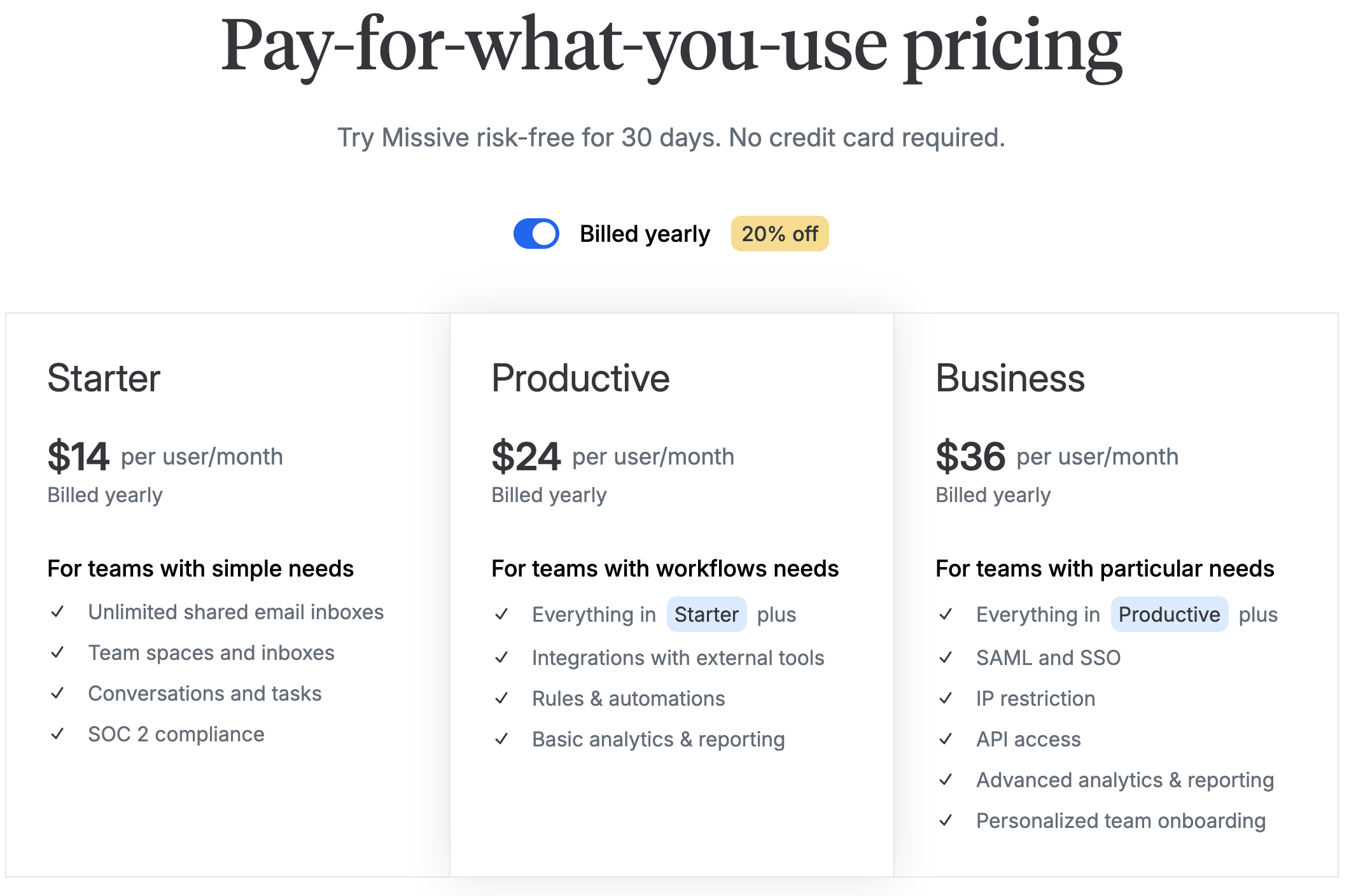 Missive pricing tiers