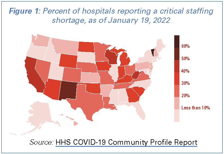U.S. map showing hospital staffing shortages by state as of January 2022.