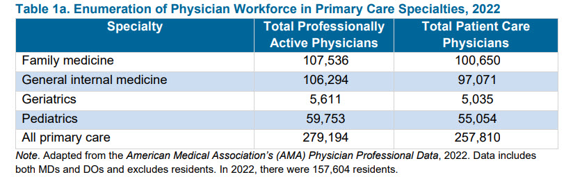 Table showing active and patient care physicians by primary care specialty in 2022.
