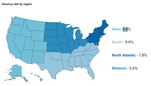Regional differences in healthcare vacancy rates across the United States.