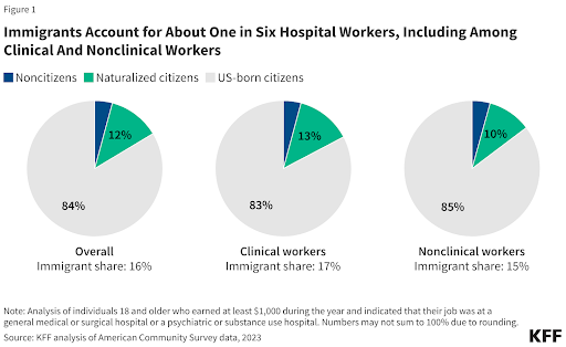 Distribution of hospital workers by citizenship status across clinical and nonclinical roles.