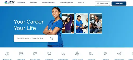 AMN Healthcare platform promoting nationwide physician and imaging recruitment services.