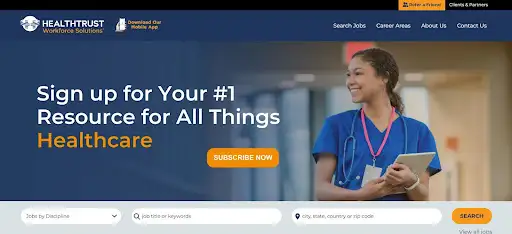 HealthTrust Workforce Solutions website highlighting nationwide healthcare recruitment.