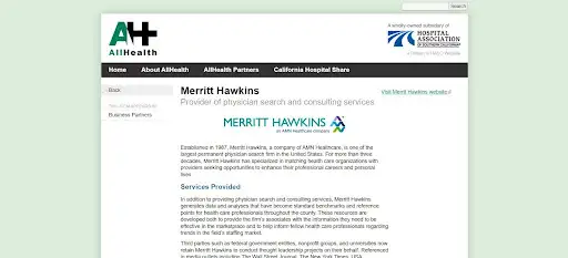 Merritt Hawkins provides physician search and consulting services within AMN Healthcare.