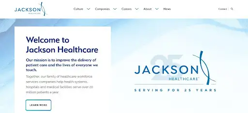 Jackson Healthcare homepage describing healthcare workforce and staffing services.