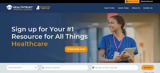 HealthTrust Workforce Solutions site featuring staffing resources for healthcare.