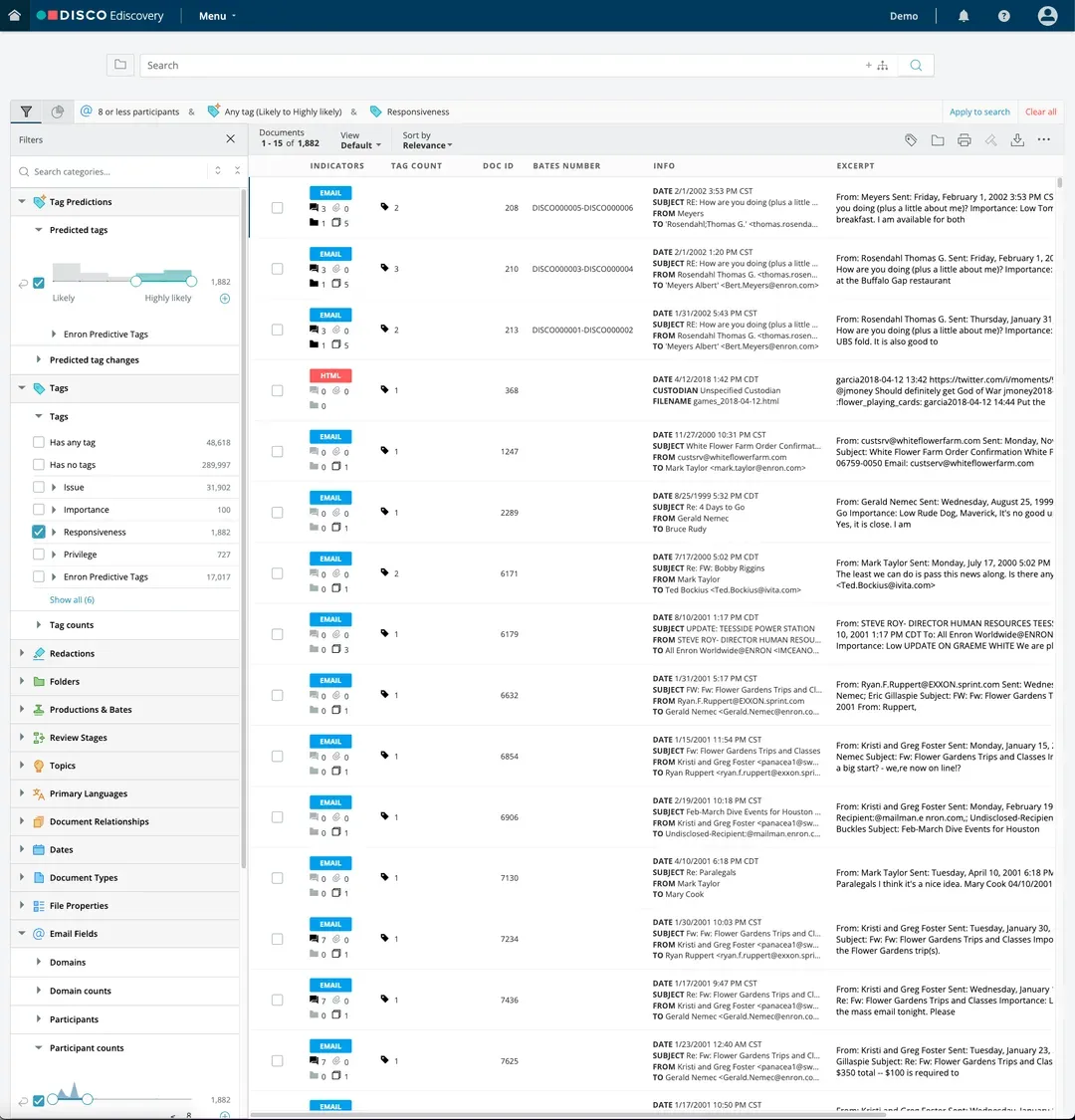 Screenshot of ediscovery search capabilities in DISCO