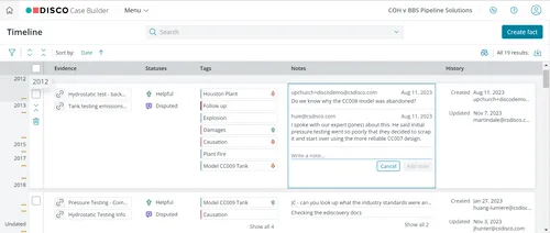 Screenshot of collaborative litigation chronology tools in DISCO Timelines”