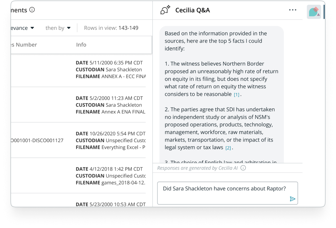 Screenshot of AI legal document review features using Cecilia AI auto review”
