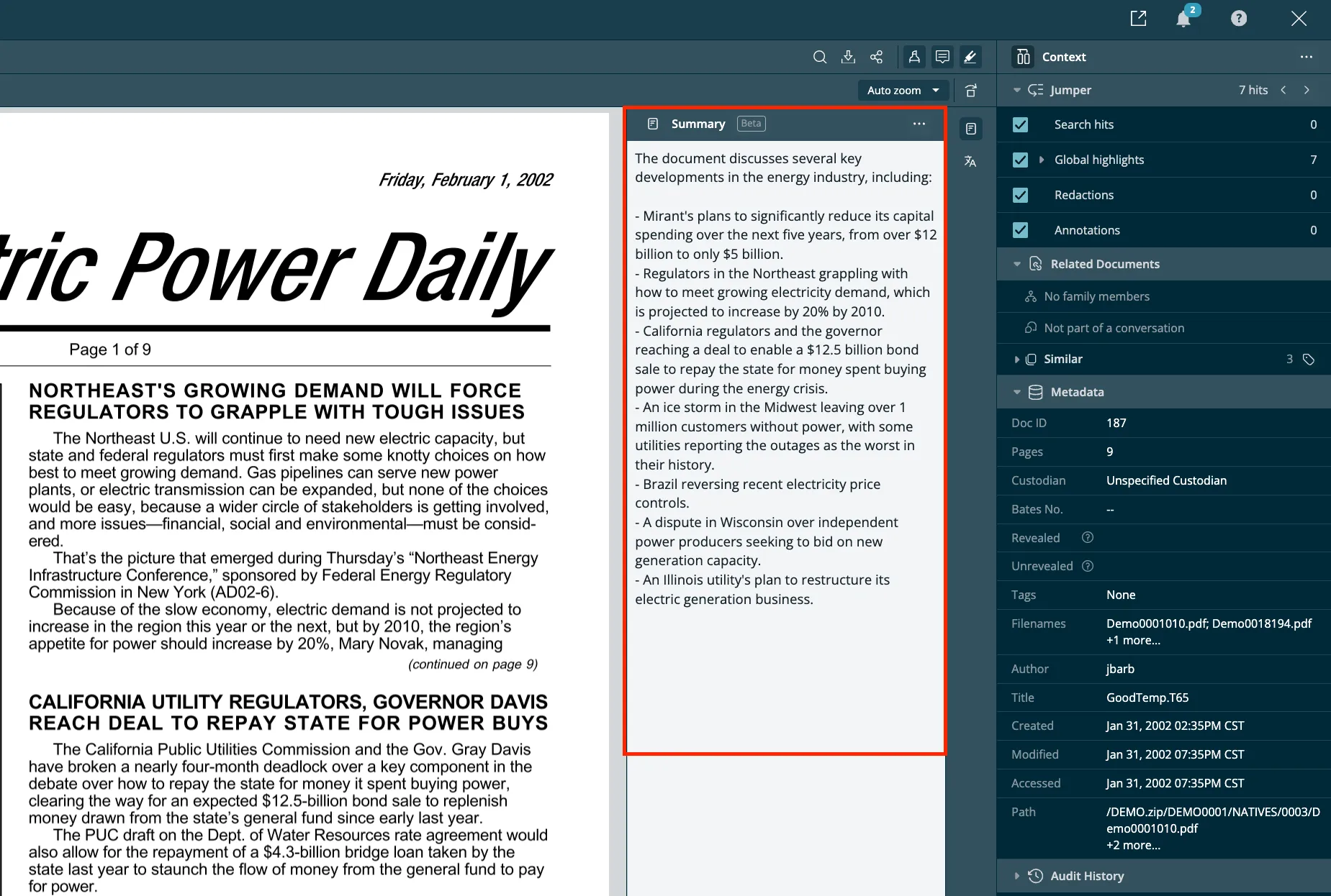 Screenshot of AI legal document review features using Cecilia AI auto review”
