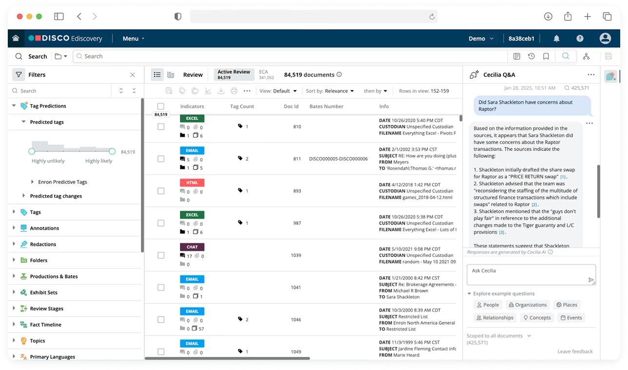 Screenshot of Cecilia Q&A (single-doc), DISCO’s AI legal document analysis tool