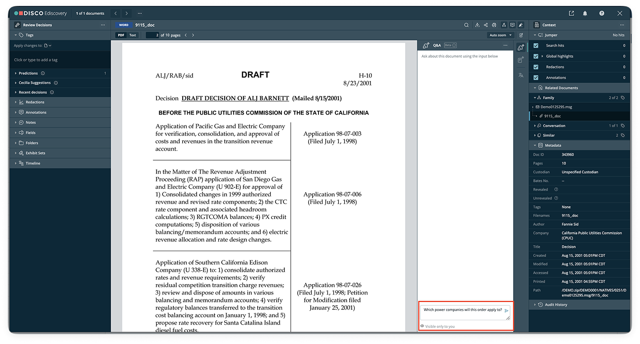 Screenshot of AI legal document review features using Cecilia AI auto review”