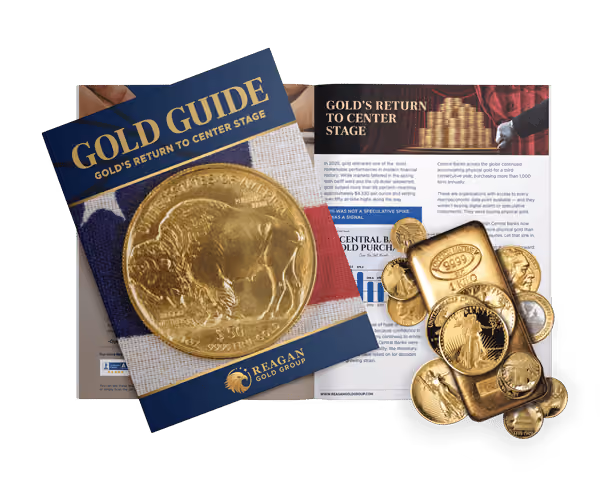 Open face Gold Guide with gold bullion and coins