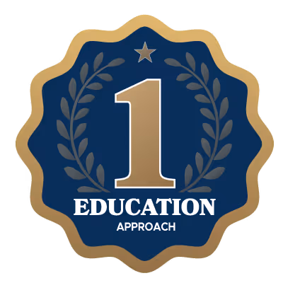 Gold and navy emblem with number 1, laurel branches, star, and text 'Education Approach'.