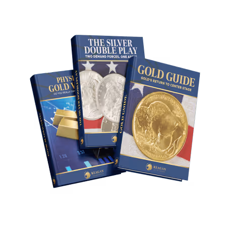 Three brochures floating together-Gold, Silver, IRA GUIDE