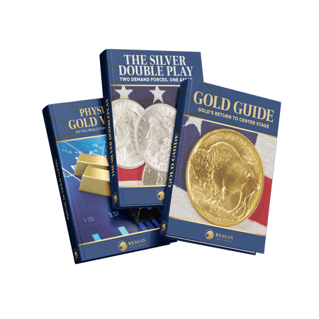Three brochures floating together-Gold, Silver, IRA GUIDE