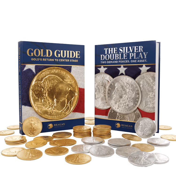 Standing Gold and Silver brochures surrounded by coins