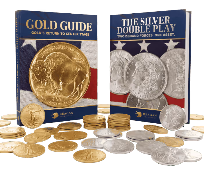 Standing Gold and Silver brochures surrounded by coins
