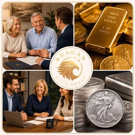 Reagan Gold Group collage showing client consultations, gold bars, gold coins, and silver bullion