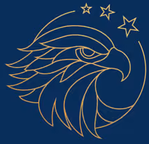 Outlined golden eagle head with three golden stars on a dark blue background.