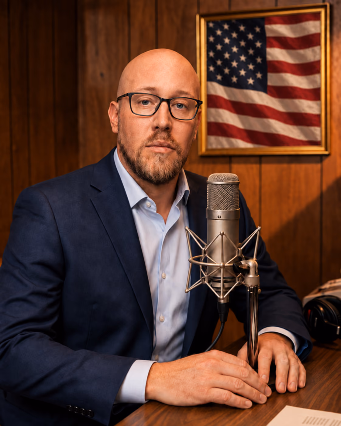 Host of The Gold Show Walt Philips in front of the American Flag 