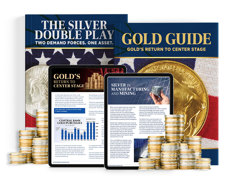 Gold and Silver coins surrounding Gold & Silver guides
