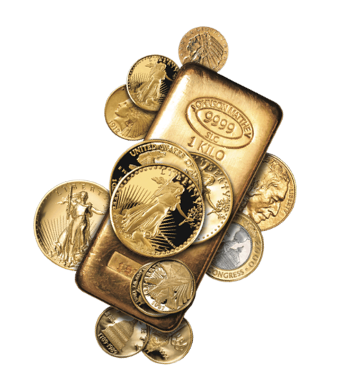 Gold bullion and American coins stacked