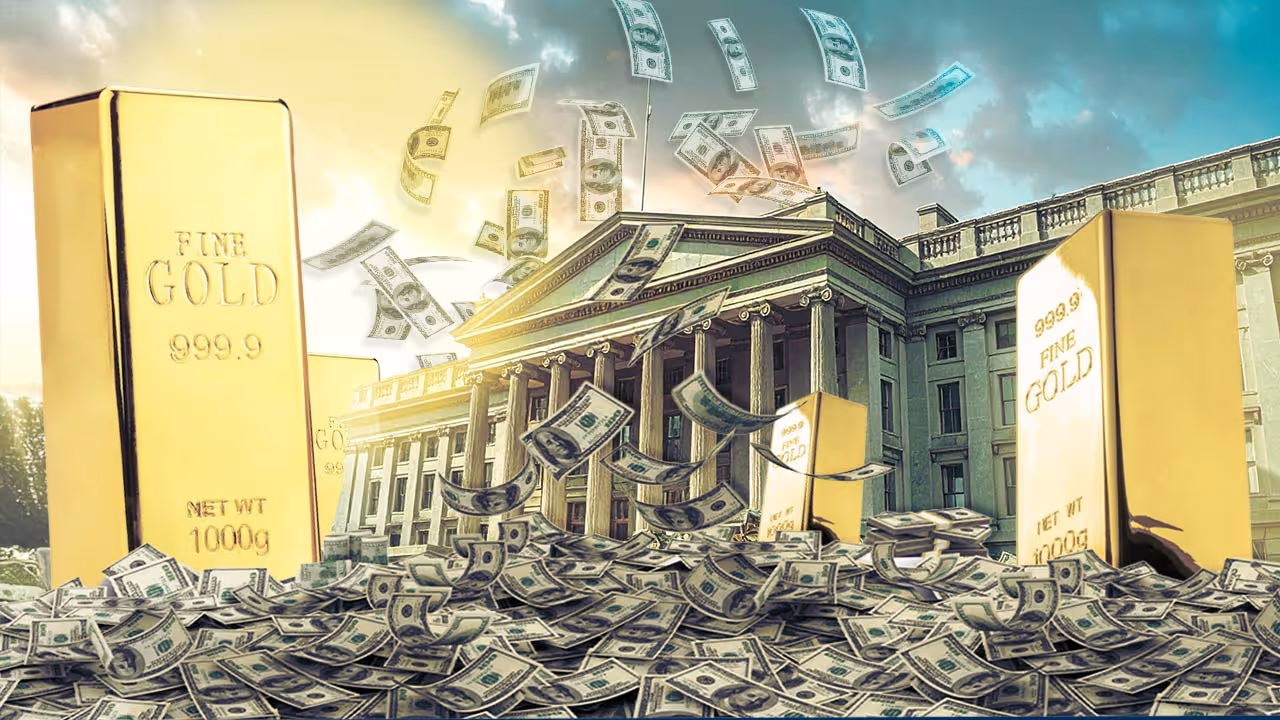 The U.S. Treasury building with dollar bills spilling out  Gold Bullion standing strong