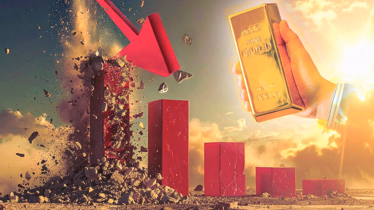  A graph of U.S. job growth with bars crumbling into dust (representing the 911,000 jobs erased by revisions). Gold bars/coins could be in the background.    