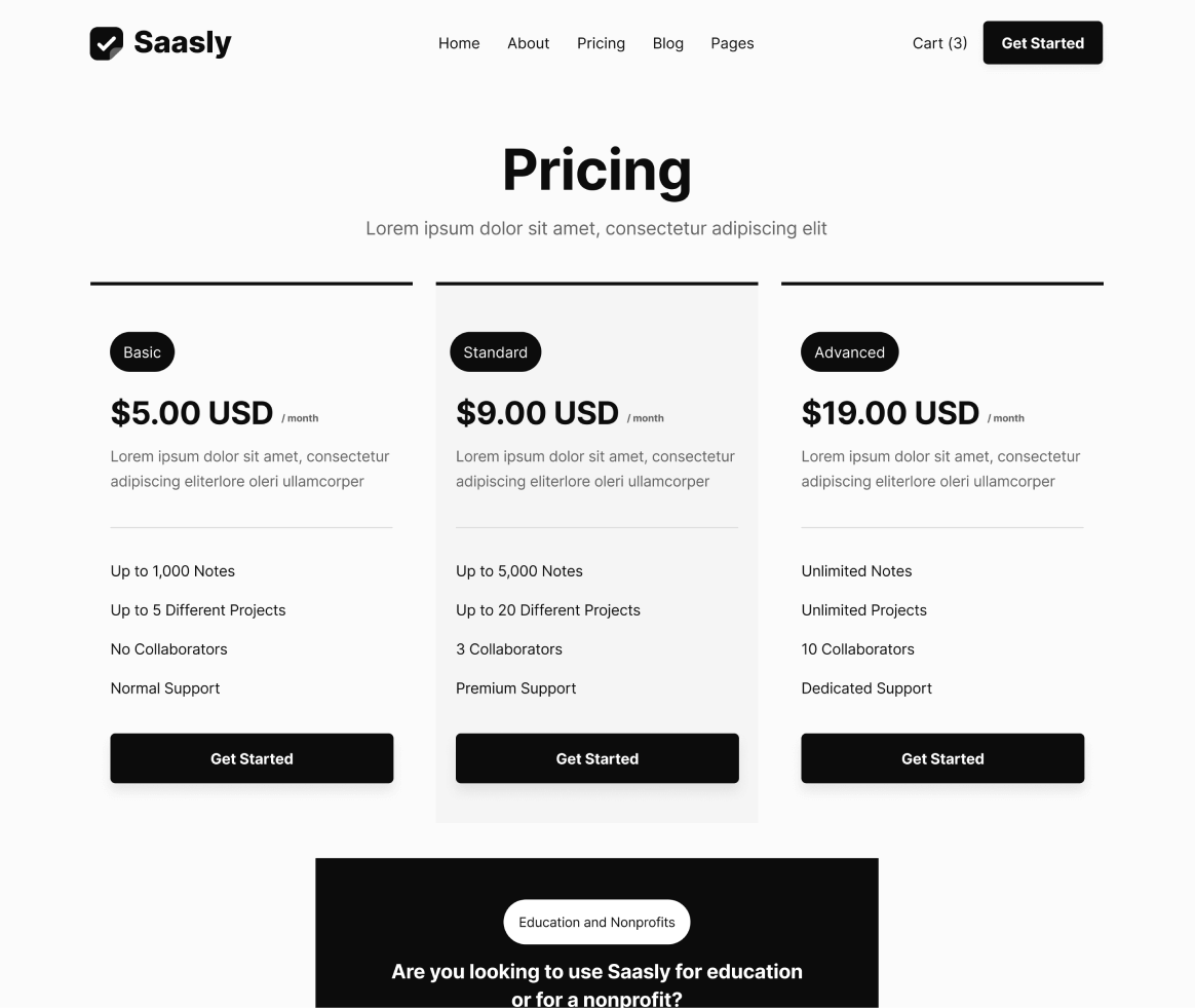 Saasly - Pricing page - SaaS Webflow Template