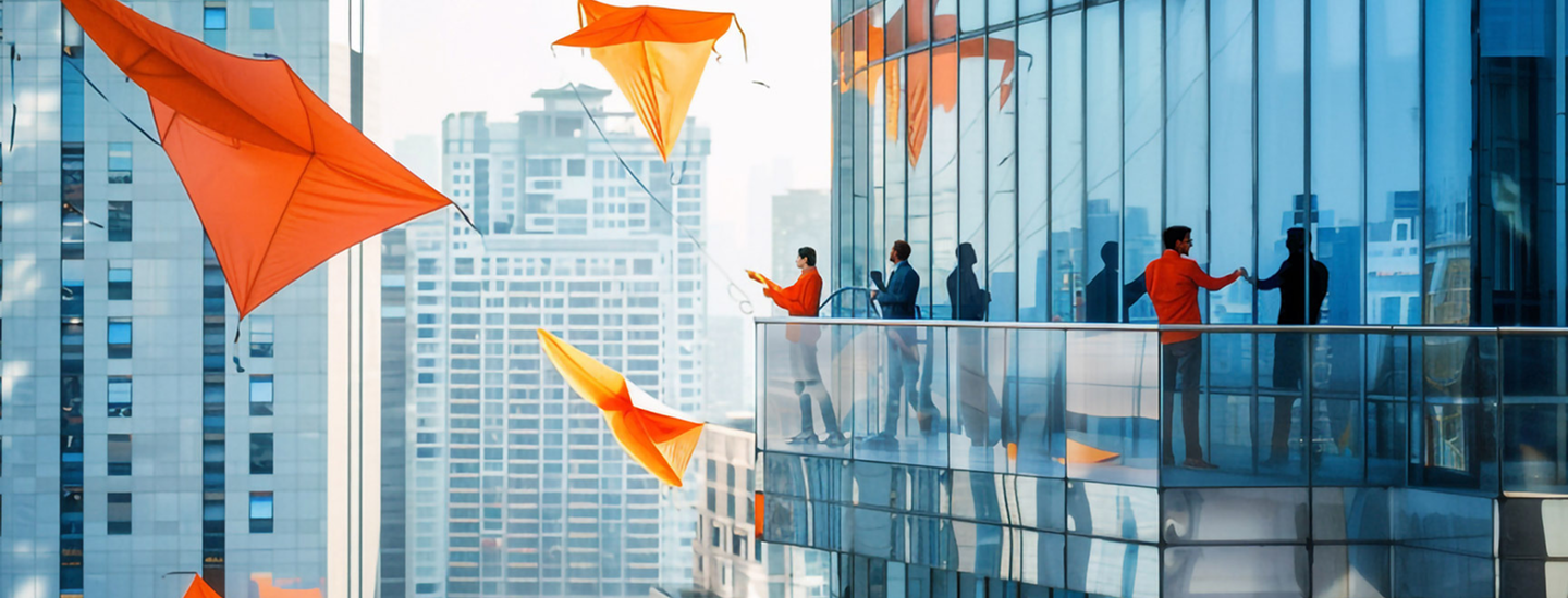 People on a corporate balcony flying bright orange kites.