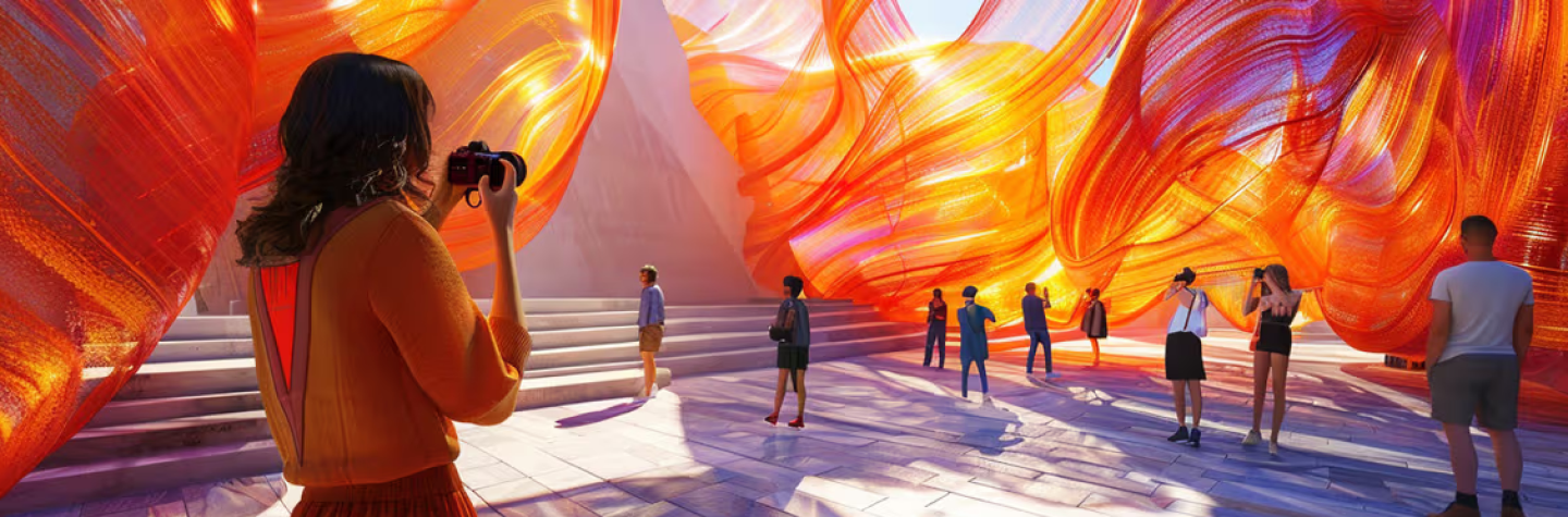 People taking photographs in a surreal room full of colorful ribbons of light.