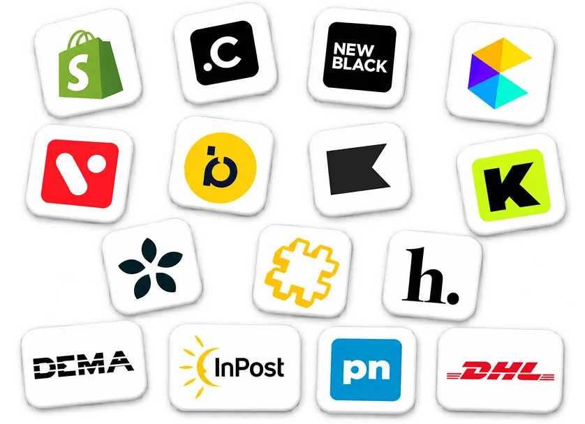 Logos of e-commerce platforms and carriers such as Shopify, Centra, New Black, DHL and InPost