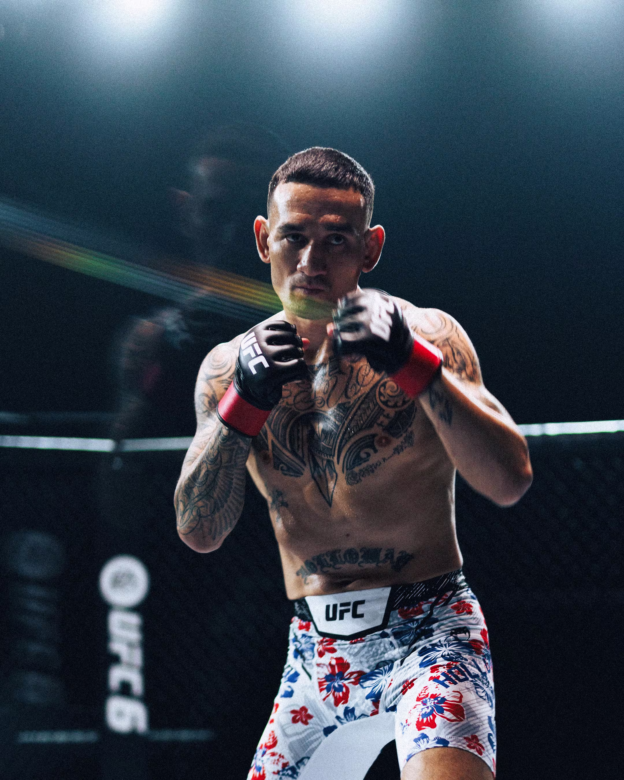 EA Sports UFC 6 campaign — fighter in gloves and UFC shorts posing in the octagon