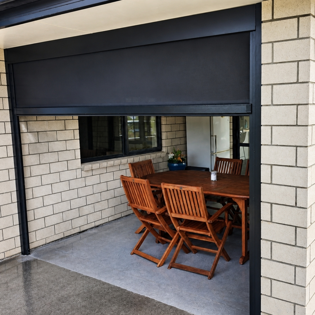 Shade Track Pro outdoor blinds enclosing an outdoor room in Kerikeri, by Shadeland