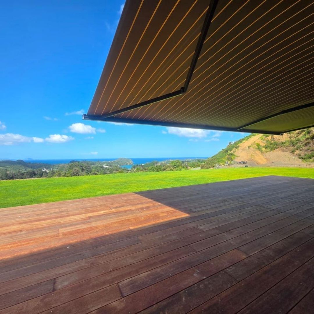 Shadeland's largest motorised awning, 7.5m wide, on the Tutukaka Coast