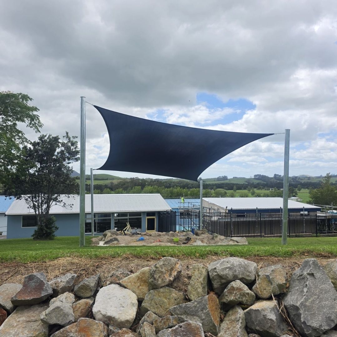 Shade sail over the sandpit at Kokopu School, Whangarei, installed by Shadeland