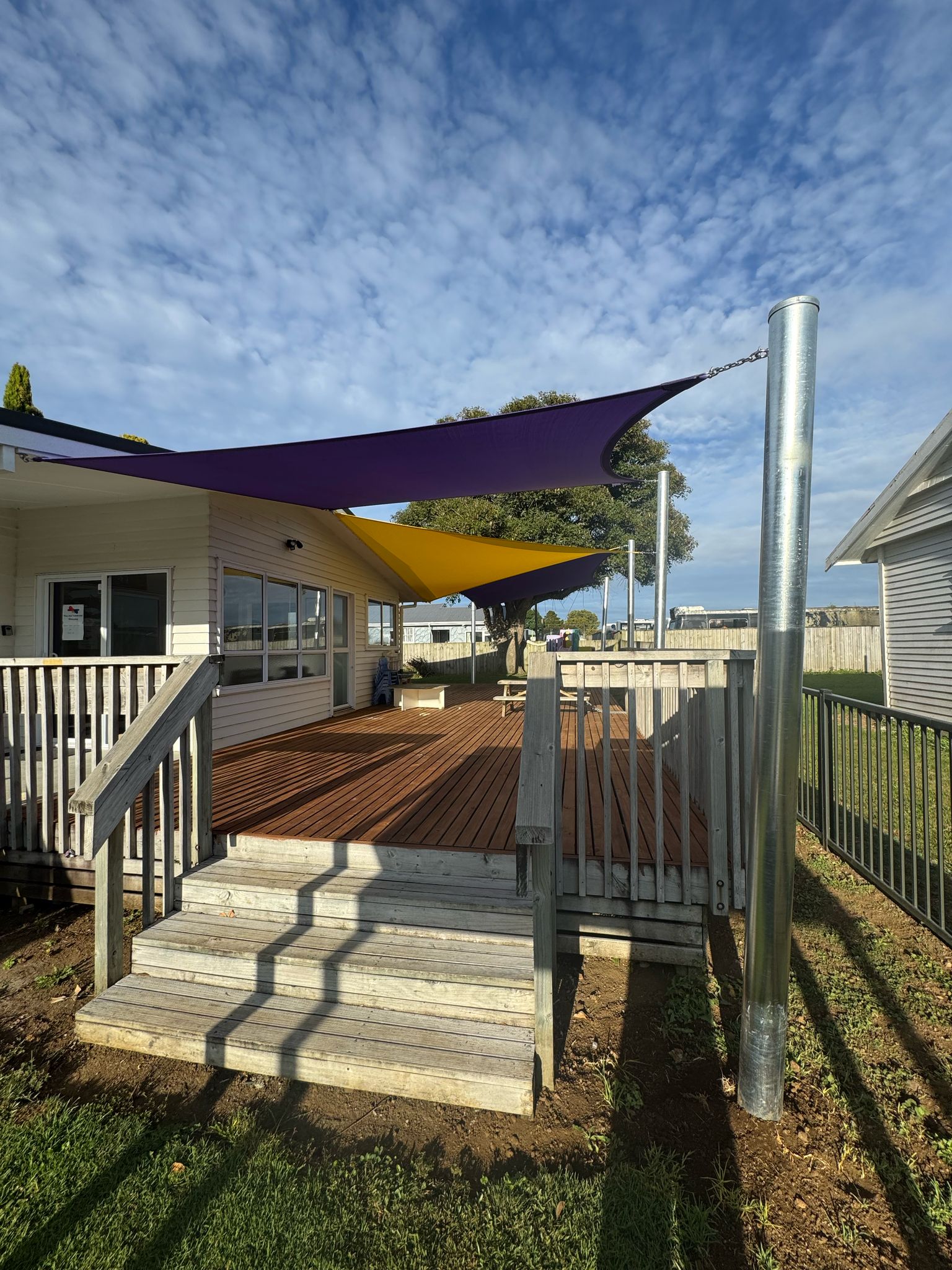 Four overlapping shade sails at Kaikohe Plunket, installed by Shadeland