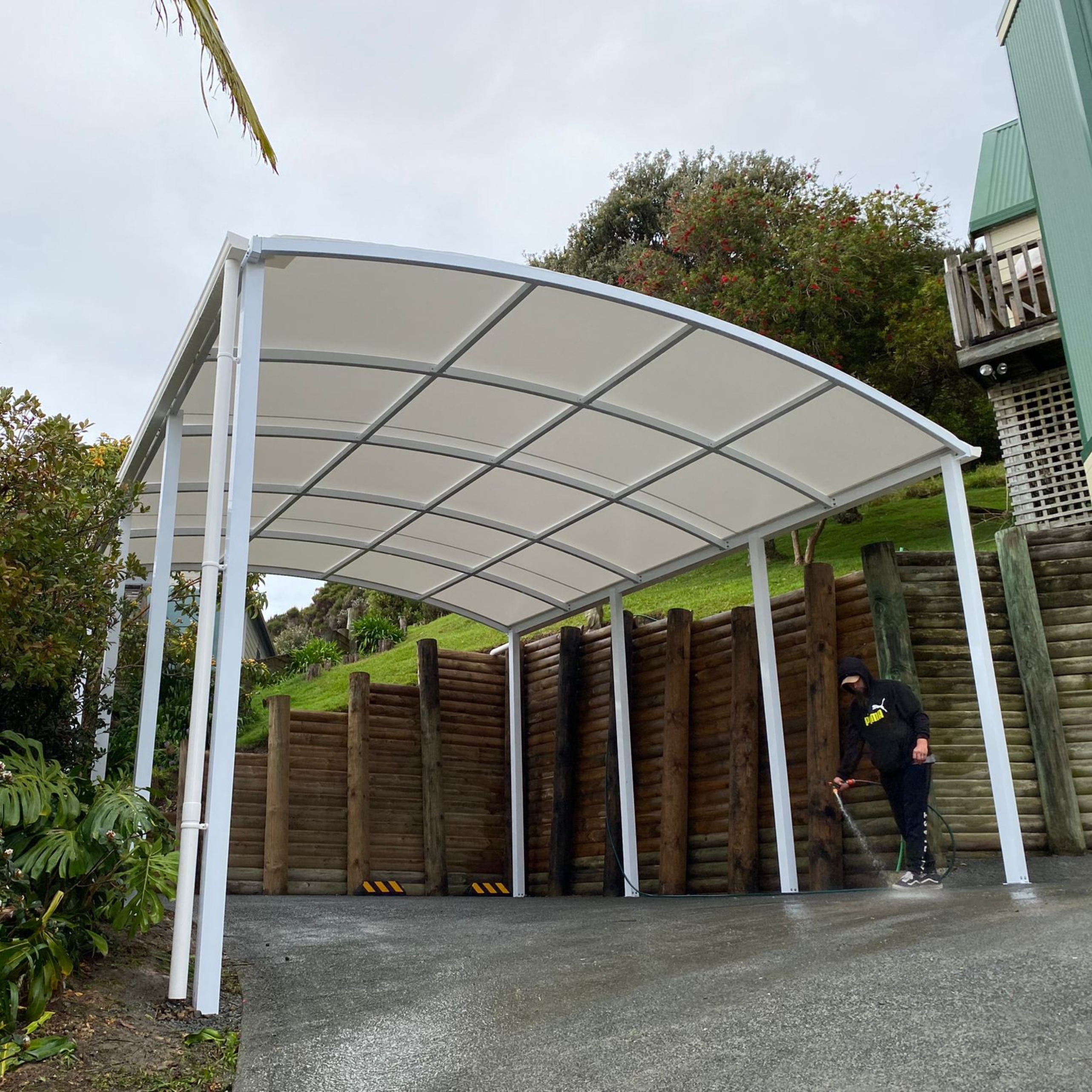 Shadeland canopy used as a campervan carport in Russell, Bay of Islands