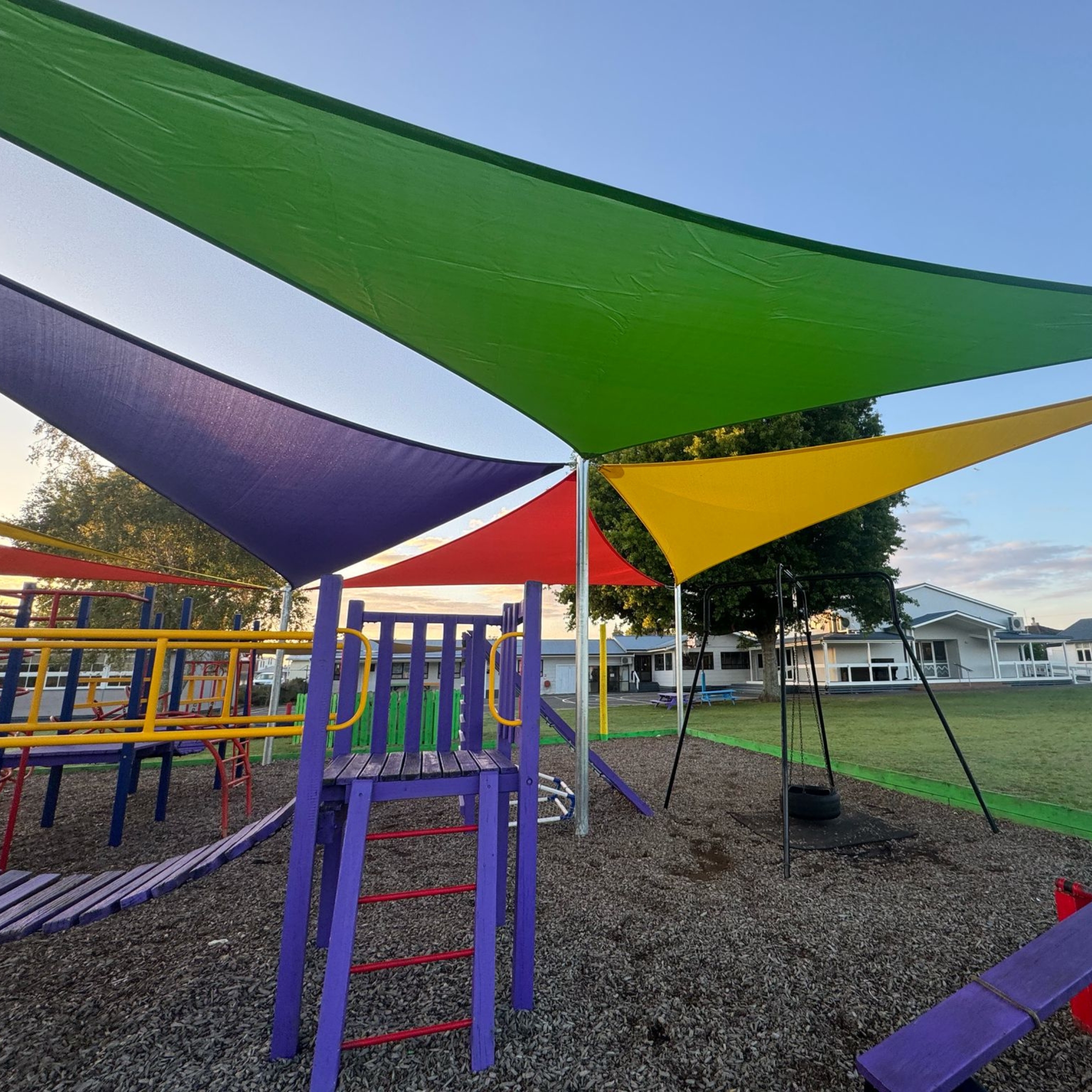 Multi-stage shade sail installation at Kaikohe Christian School, by Shadeland