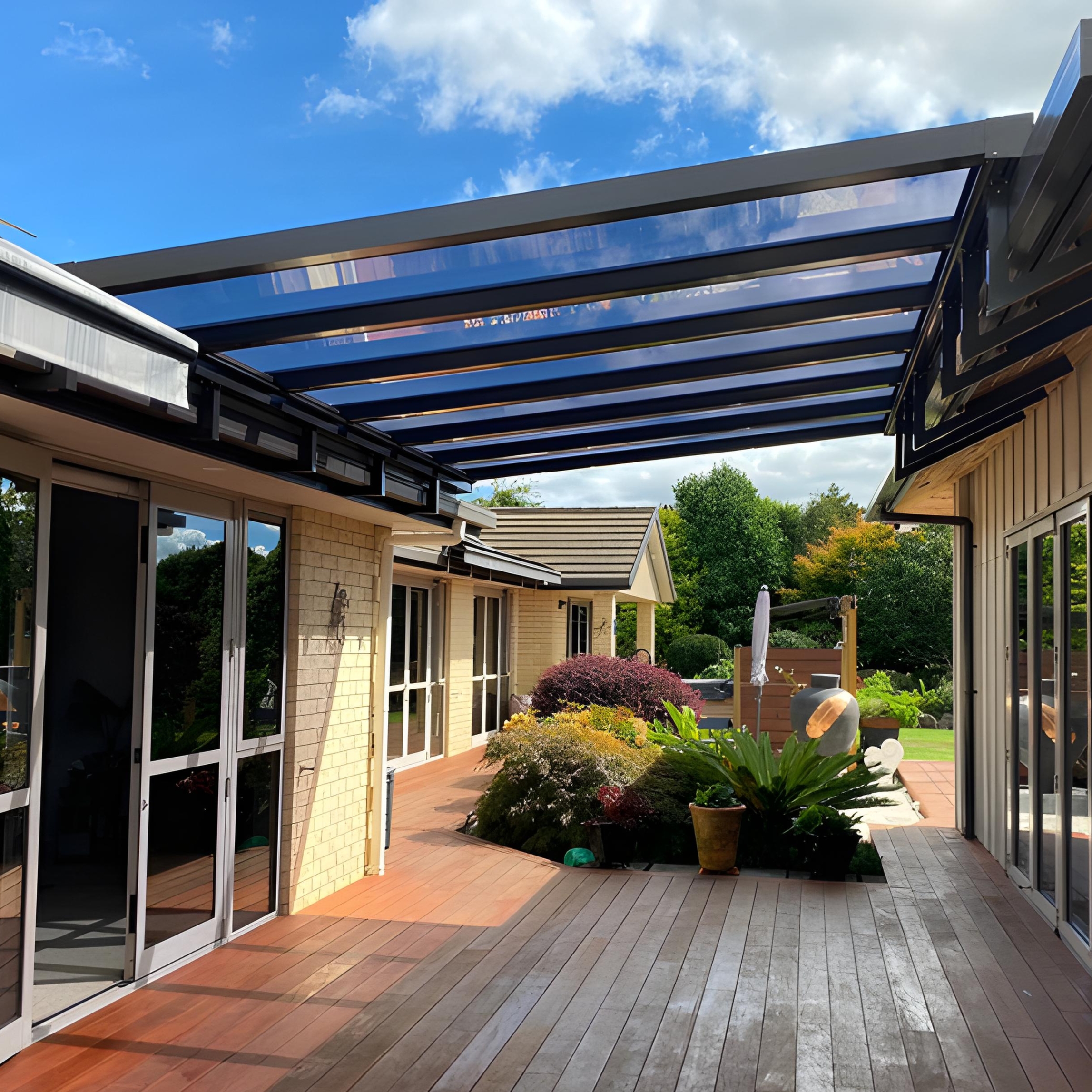 Glazed pergola connecting indoor and outdoor living in Kerikeri, by Shadeland