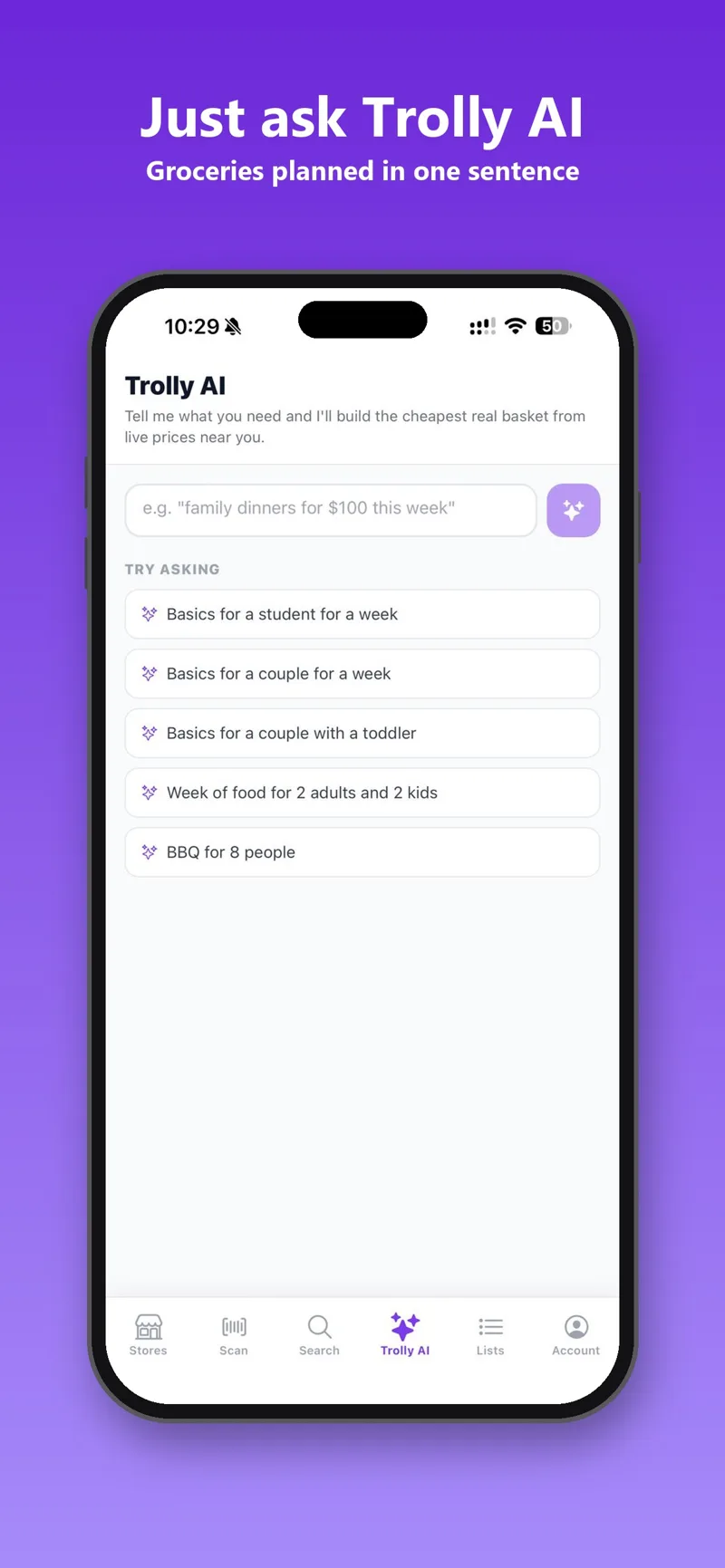 Trolly AI home screen with suggested baskets