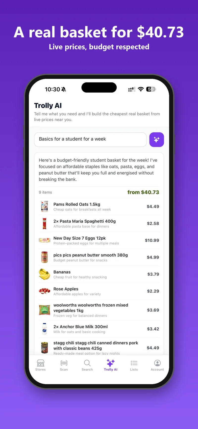 Trolly AI basket for a student, nine items for $40.73