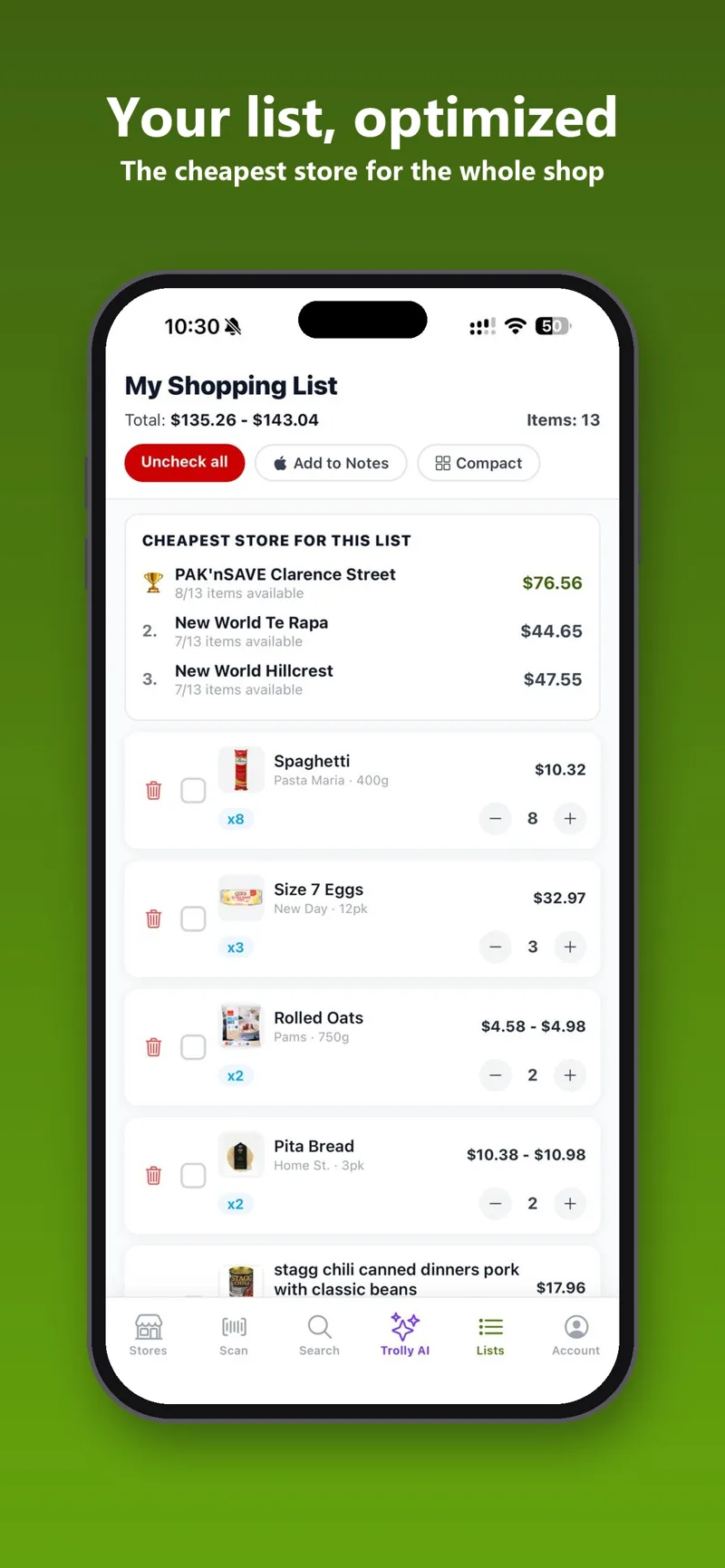 Trolly shopping list showing the cheapest store
