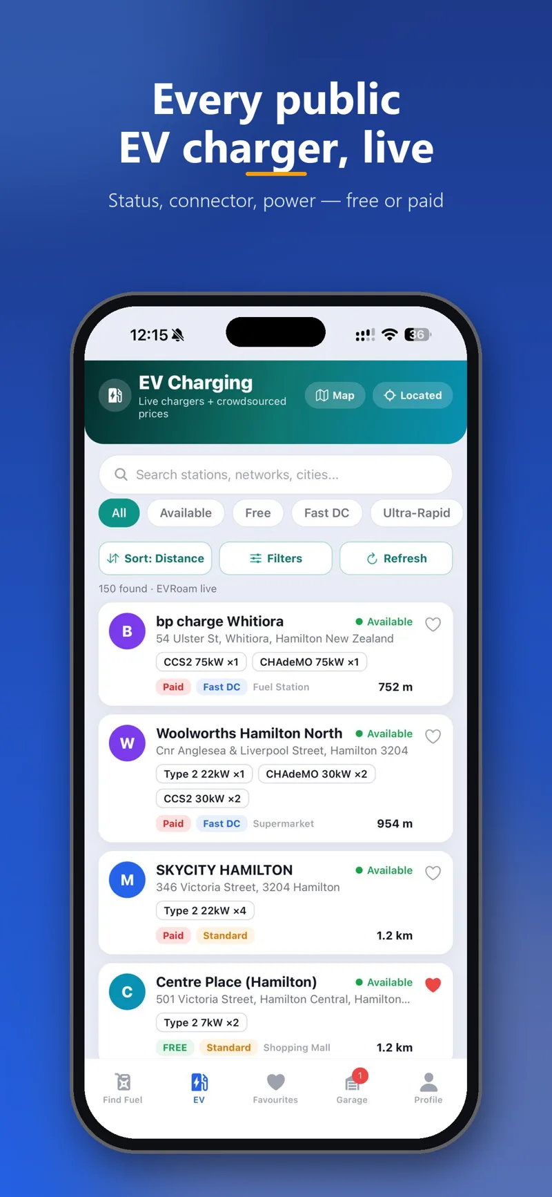 TopUp listing every public EV charger with live status